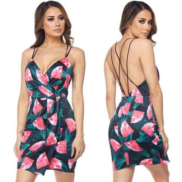 🍉 LAST ONE 🍉 Watermelon Faux Wrap Summer Cocktail Dress (B) - Picture 1 of 7